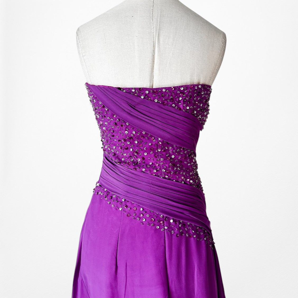 Vintage Y2K Purple Strapless Beaded Side Slit Fit Flared Maxi Prom Dress Size S