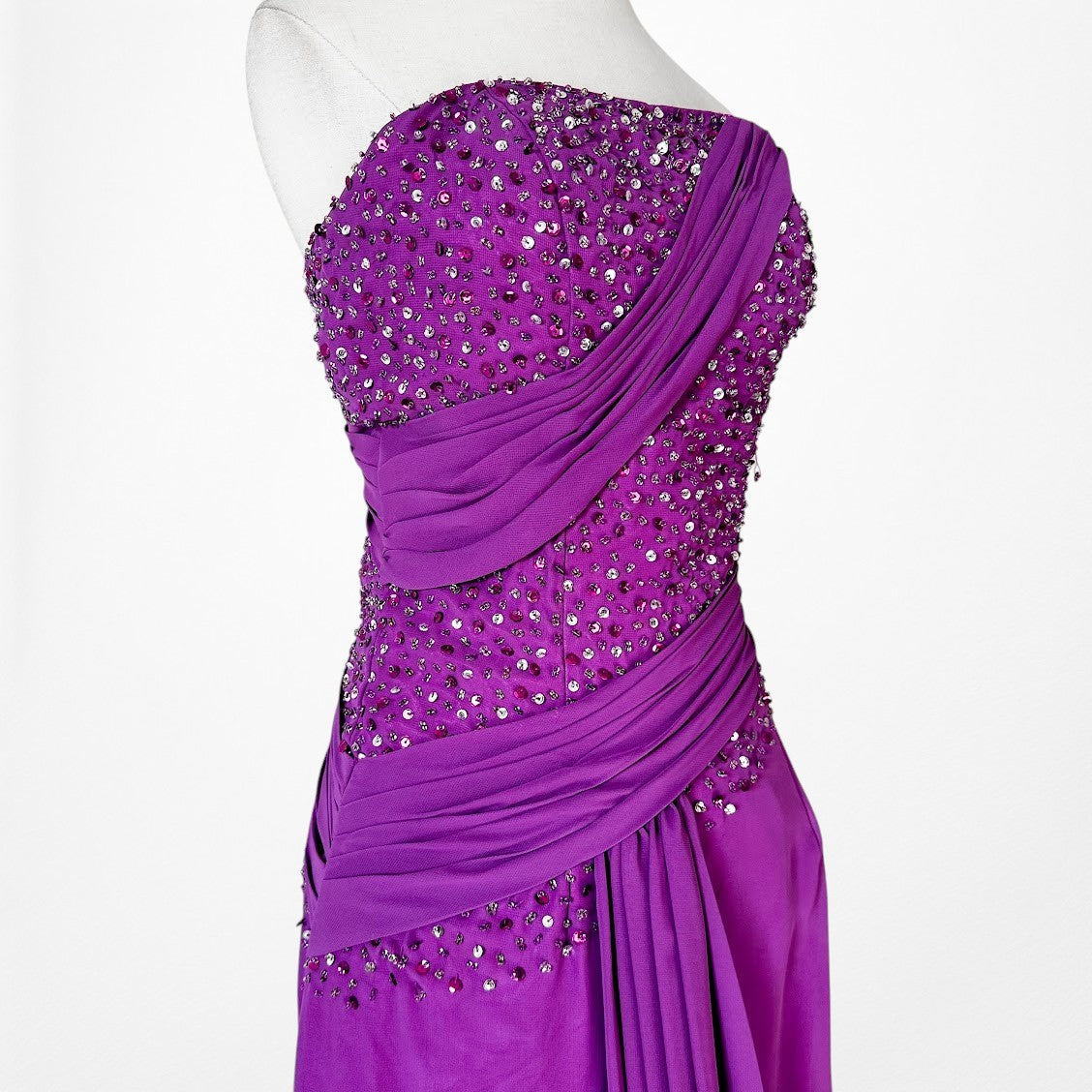 Vintage Y2K Purple Strapless Beaded Side Slit Fit Flared Maxi Prom Dress Size S