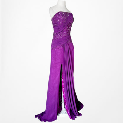 Vintage Y2K Purple Strapless Beaded Side Slit Fit Flared Maxi Prom Dress Size S