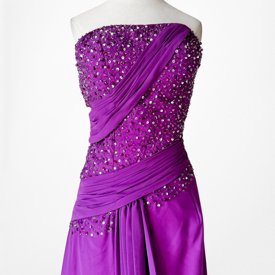 Vintage Y2K Purple Strapless Beaded Side Slit Fit Flared Maxi Prom Dress Size S