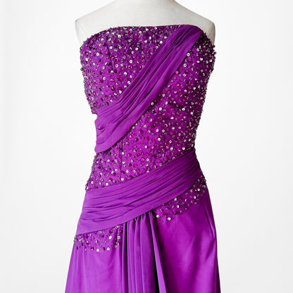 Vintage Y2K Purple Strapless Beaded Side Slit Fit Flared Maxi Prom Dress Size S