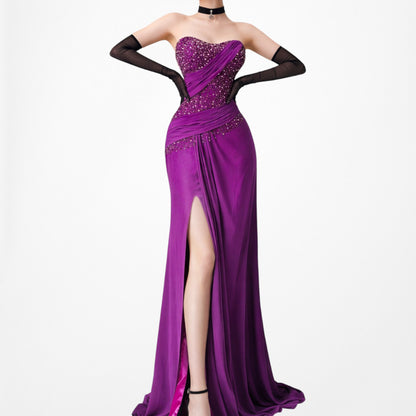 Vintage Y2K Purple Strapless Beaded Side Slit Fit Flared Maxi Prom Dress Size S