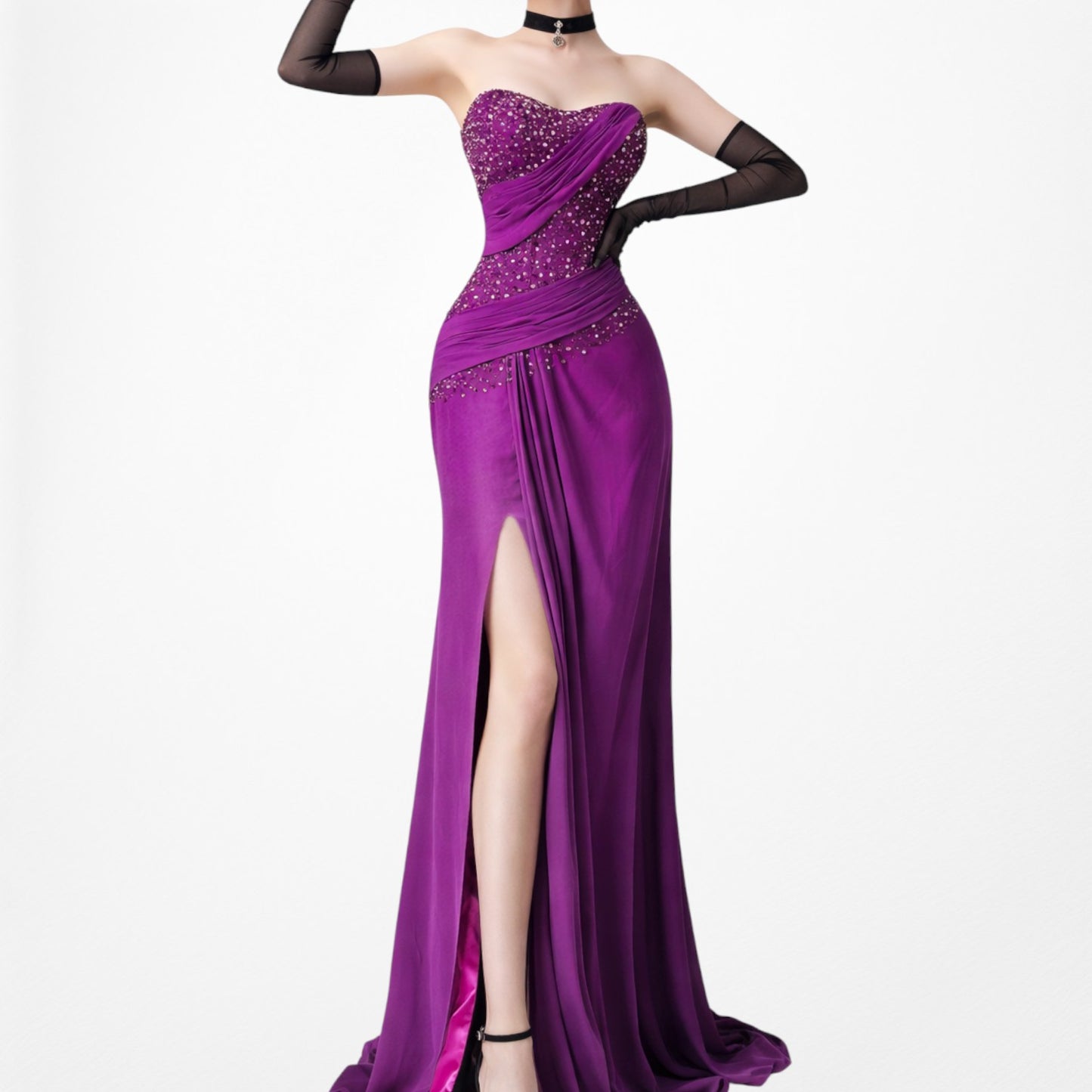 Vintage Y2K Purple Strapless Beaded Side Slit Fit Flared Maxi Prom Dress Size S