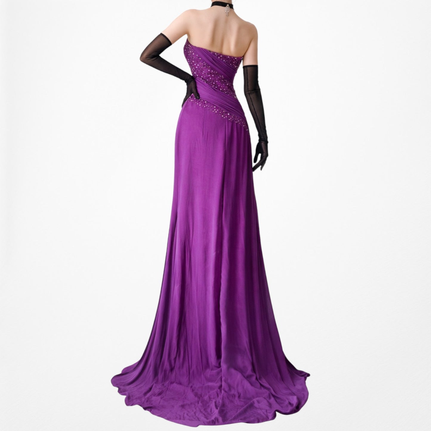 Vintage Y2K Purple Strapless Beaded Side Slit Fit Flared Maxi Prom Dress Size S