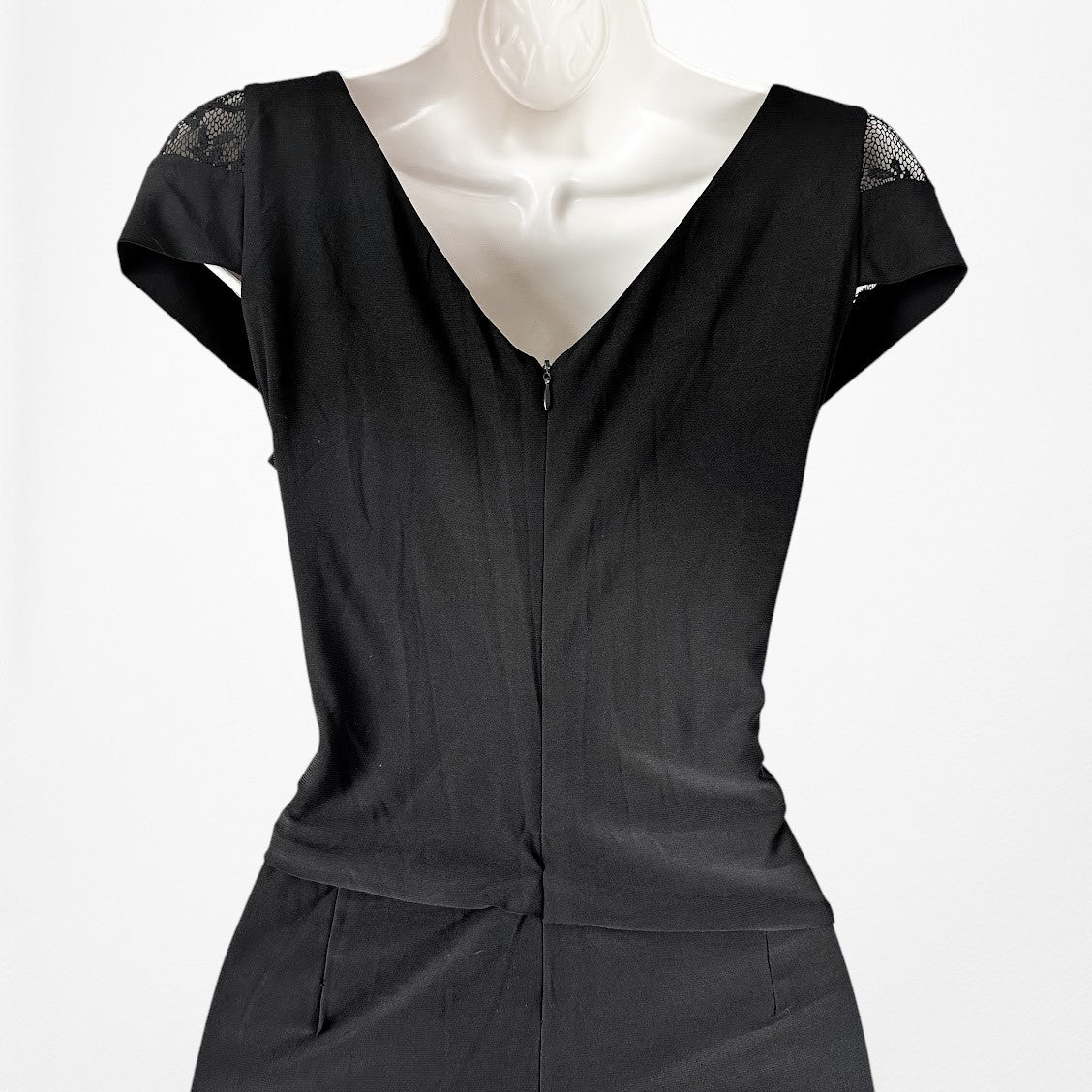 Vintage Y2K Black Capped Lace Sleeve V-Neck Pleated Knit Jumpsuit Size M