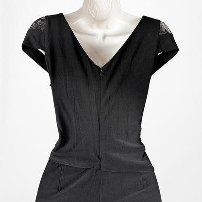 Vintage Y2K Black Capped Lace Sleeve V-Neck Pleated Knit Jumpsuit Size M