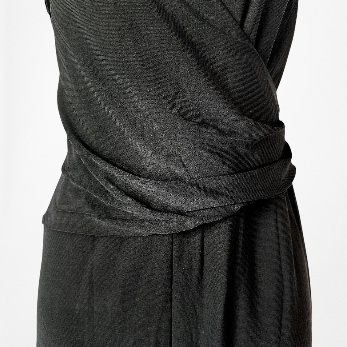 Vintage Y2K Black Capped Lace Sleeve V-Neck Pleated Knit Jumpsuit Size M