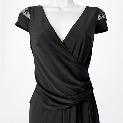 Vintage Y2K Black Capped Lace Sleeve V-Neck Pleated Knit Jumpsuit Size M