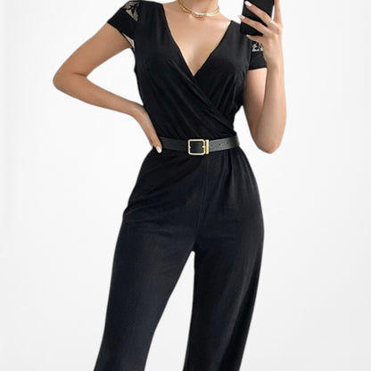 Vintage Y2K Black Capped Lace Sleeve V-Neck Pleated Knit Jumpsuit Size M