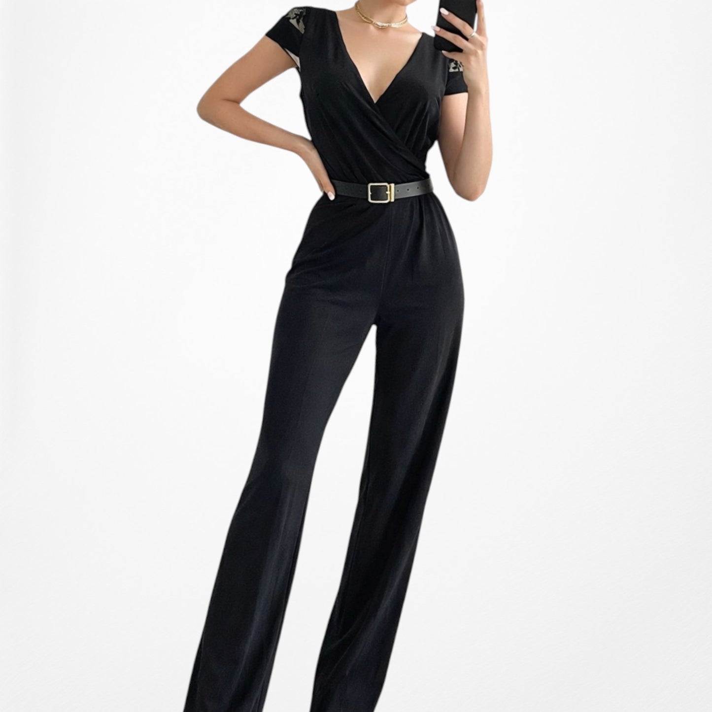 Vintage Y2K Black Capped Lace Sleeve V-Neck Pleated Knit Jumpsuit Size M