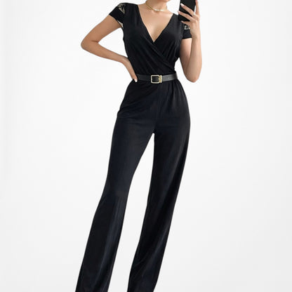 Vintage Y2K Black Capped Lace Sleeve V-Neck Pleated Knit Jumpsuit Size M