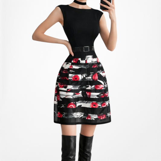 Vintage Y2K Black Floral Print Knee Length Flared A-Line Cocktail Dress Size M