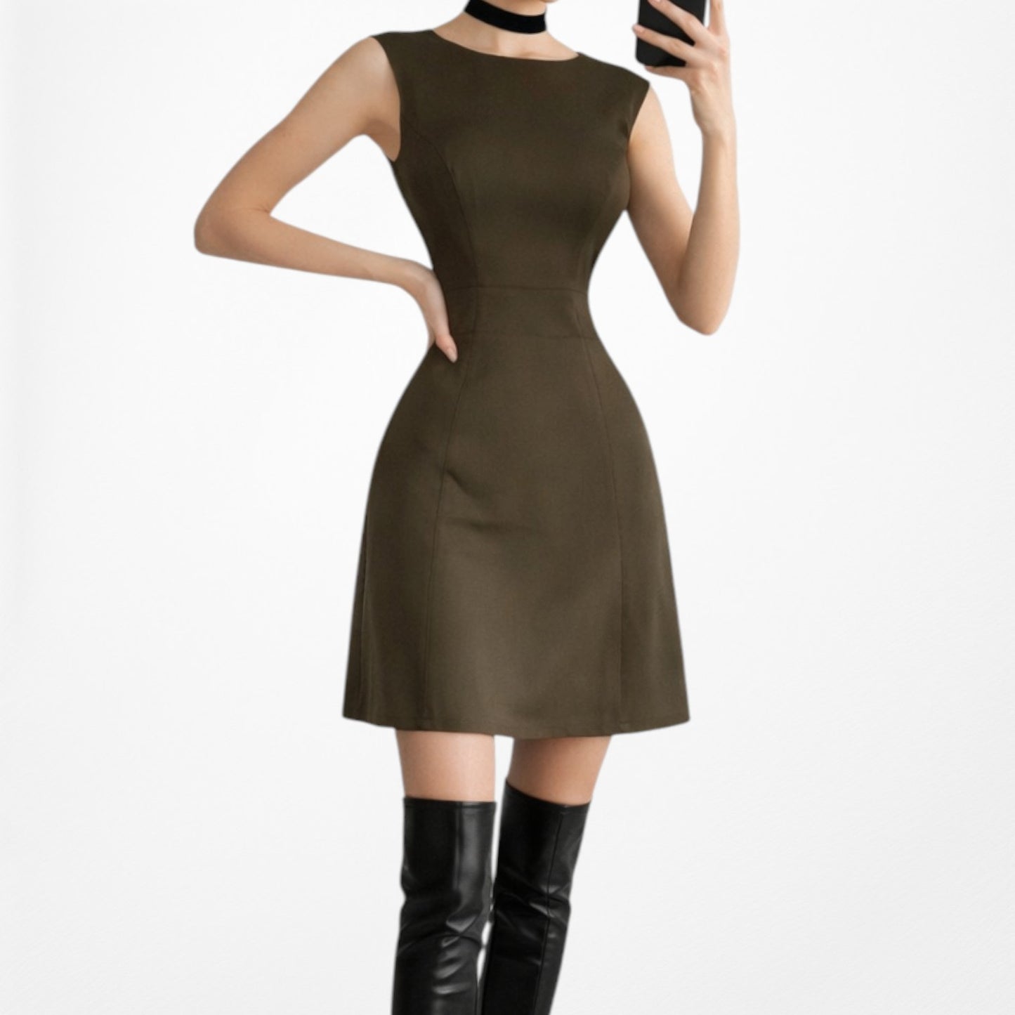 Vintage Y2K Brown Sleeveless Knee Length Flared A-Line Cocktail Dress Size M