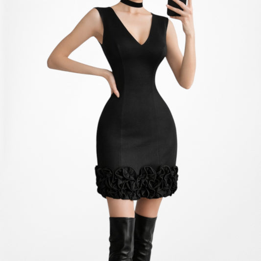 Vintage Y2K Black V-Neck Floral Applique Knee Length Bodycon Cocktail Dress M