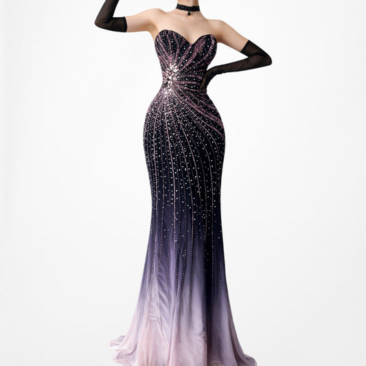 Vintage Y2K Strapless Purple Black Beaded Bodycon Maxi Prom Formal Dress Size M