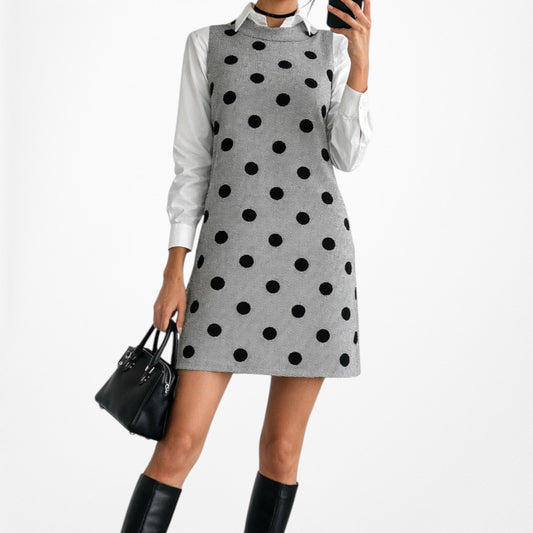 Vintage Y2K Gray Black Sleeveless Polka Dot Knee Length Shift Dress Size M