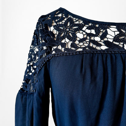 Vintage Y2K Navy Blue Lace Puffy Sleeve Knee Length Flared Knit Dress Size M