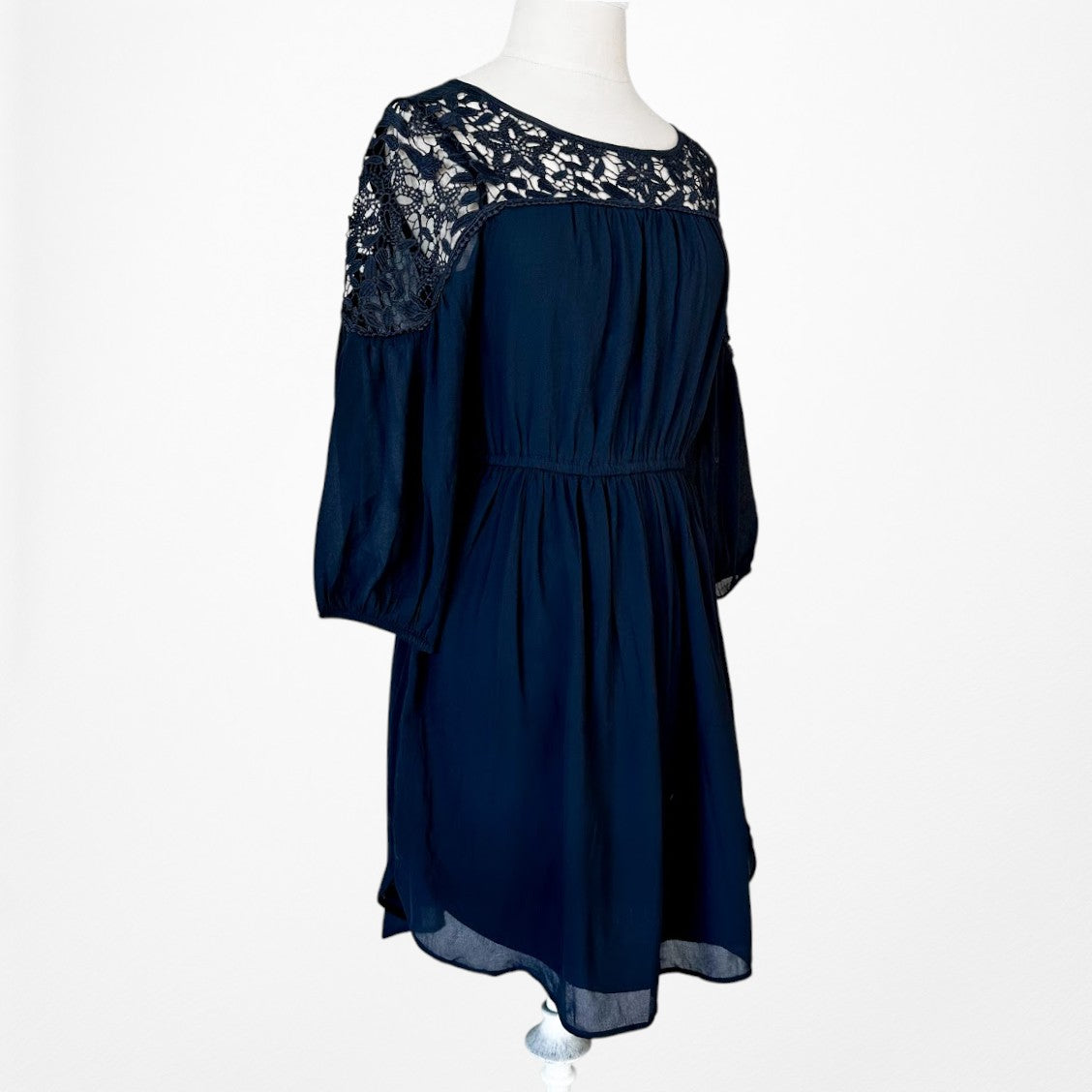 Vintage Y2K Navy Blue Lace Puffy Sleeve Knee Length Flared Knit Dress Size M