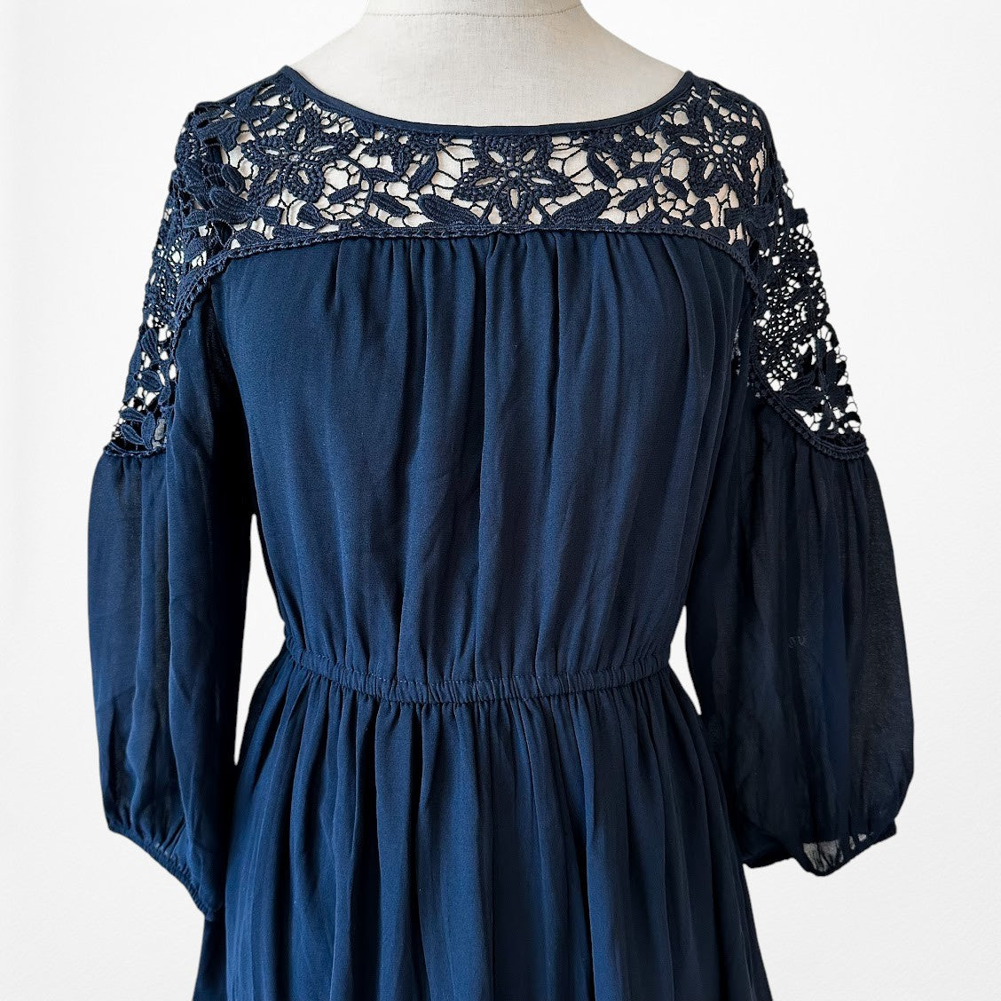 Vintage Y2K Navy Blue Lace Puffy Sleeve Knee Length Flared Knit Dress Size M