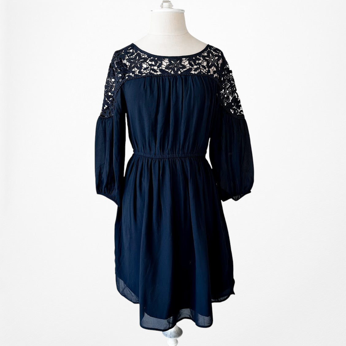 Vintage Y2K Navy Blue Lace Puffy Sleeve Knee Length Flared Knit Dress Size M