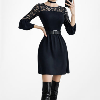 Vintage Y2K Navy Blue Lace Puffy Sleeve Knee Length Flared Knit Dress Size M