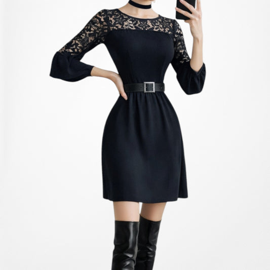 Vintage Y2K Navy Blue Lace Puffy Sleeve Knee Length Flared Knit Dress Size M