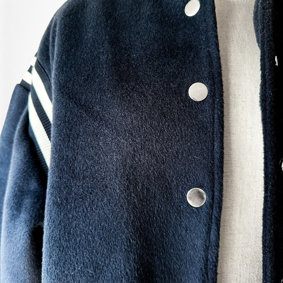 Vintage Y2K Navy Blue White Oversized Varsity Bomber Jacket Size S/M