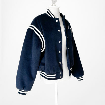 Vintage Y2K Navy Blue White Oversized Varsity Bomber Jacket Size S/M