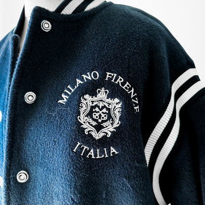 Vintage Y2K Navy Blue White Oversized Varsity Bomber Jacket Size S/M