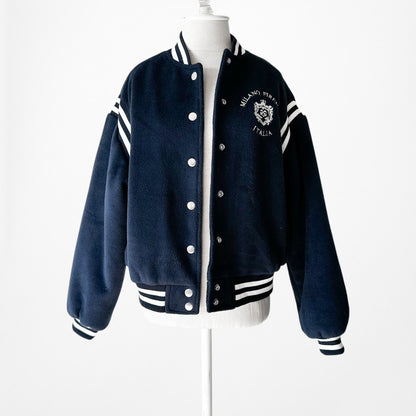 Vintage Y2K Navy Blue White Oversized Varsity Bomber Jacket Size S/M