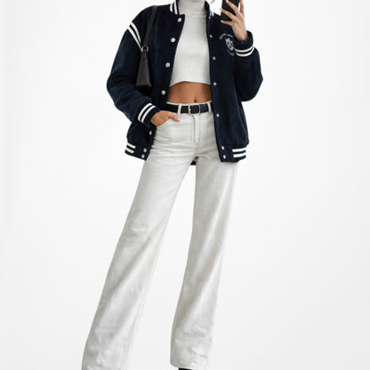 Vintage Y2K Navy Blue White Oversized Varsity Bomber Jacket Size S/M