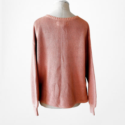 Vintage Y2K Salmon Pink V-Neck Long Puffy Sleeve Knit Oversized Sweater Size S/M