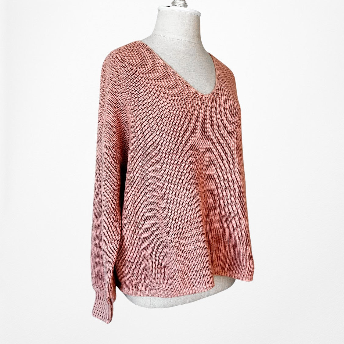Vintage Y2K Salmon Pink V-Neck Long Puffy Sleeve Knit Oversized Sweater Size S/M