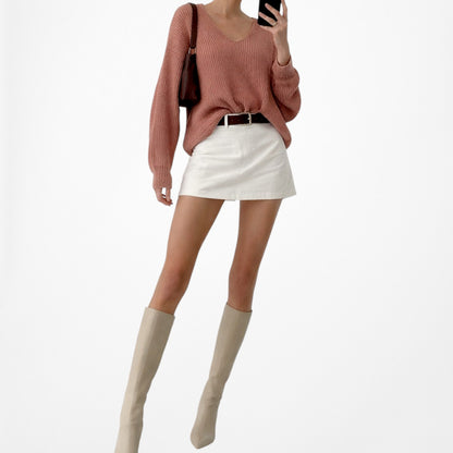 Vintage Y2K Salmon Pink V-Neck Long Puffy Sleeve Knit Oversized Sweater Size S/M