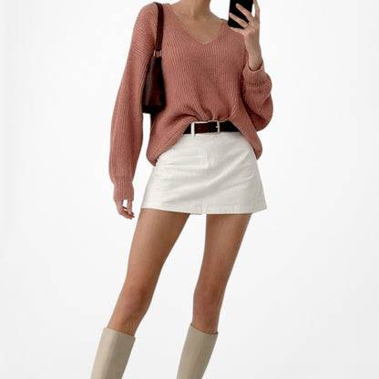 Vintage Y2K Salmon Pink V-Neck Long Puffy Sleeve Knit Oversized Sweater Size S/M