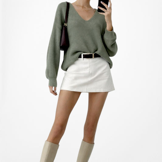 Vintage Y2K Camo Green V-Neck Long Puffy Sleeve Knit Oversized Sweater Size S/M