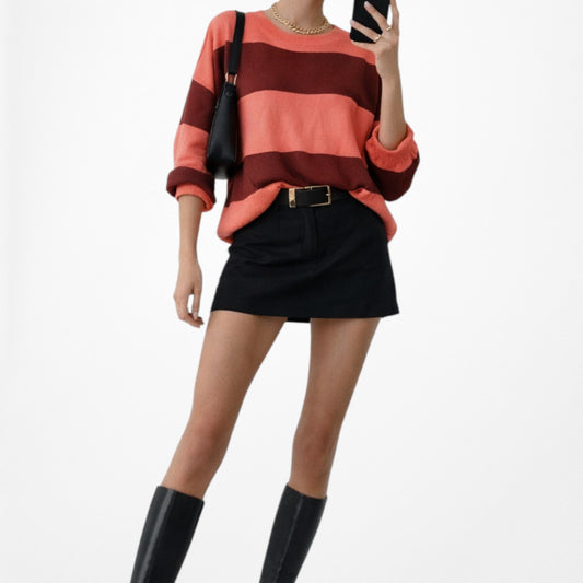 Vintage Y2K Orange Brown Crewneck Knit Striped Oversized Pullover Sweater Size S