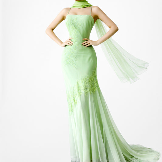 Vintage Y2K Pastel Green Floral Beaded Mesh Maxi Bodycon Prom Dress Size S/M