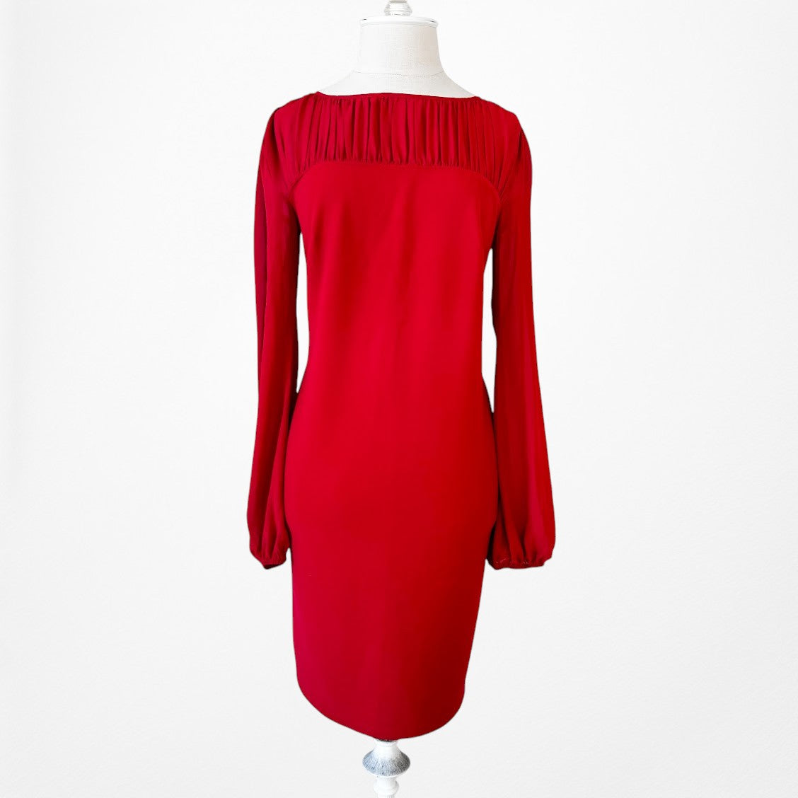 Vintage Y2K Red Long Puffy Sleeve Pleated Knee Length Shift Dress Size M