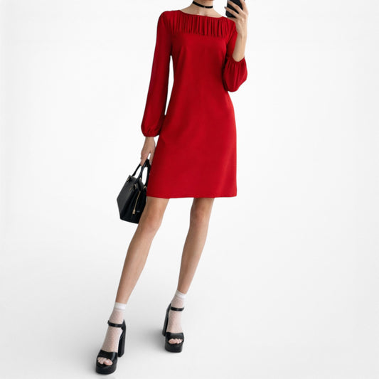 Vintage Y2K Red Long Puffy Sleeve Pleated Knee Length Shift Dress Size M