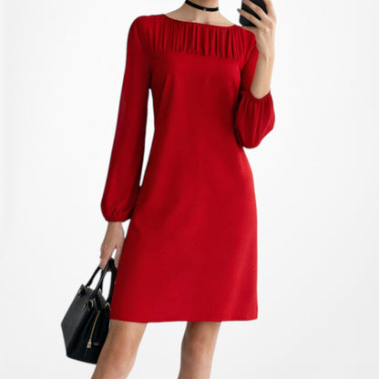 Vintage Y2K Red Long Puffy Sleeve Pleated Knee Length Shift Dress Size M