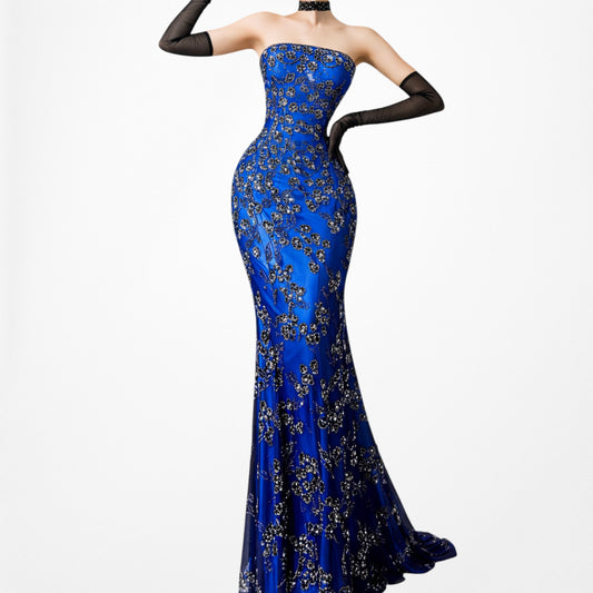 Vintage Y2K Blue Silk Strapless Floral Beaded Bodycon Maxi Prom Dress Size XS/S