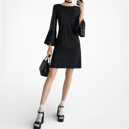 Vintage Y2K Black Long Lace Bell Sleeves Knee Length Cocktail Shift Dress Size M