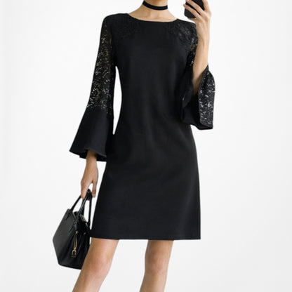 Vintage Y2K Black Long Lace Bell Sleeves Knee Length Cocktail Shift Dress Size M