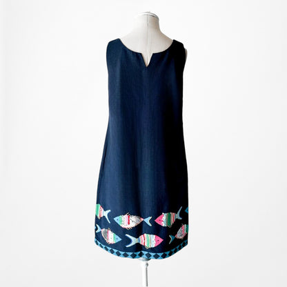 Vintage Y2K Navy Blue Knee Length Tropical Print Casual Shift Dress Size M