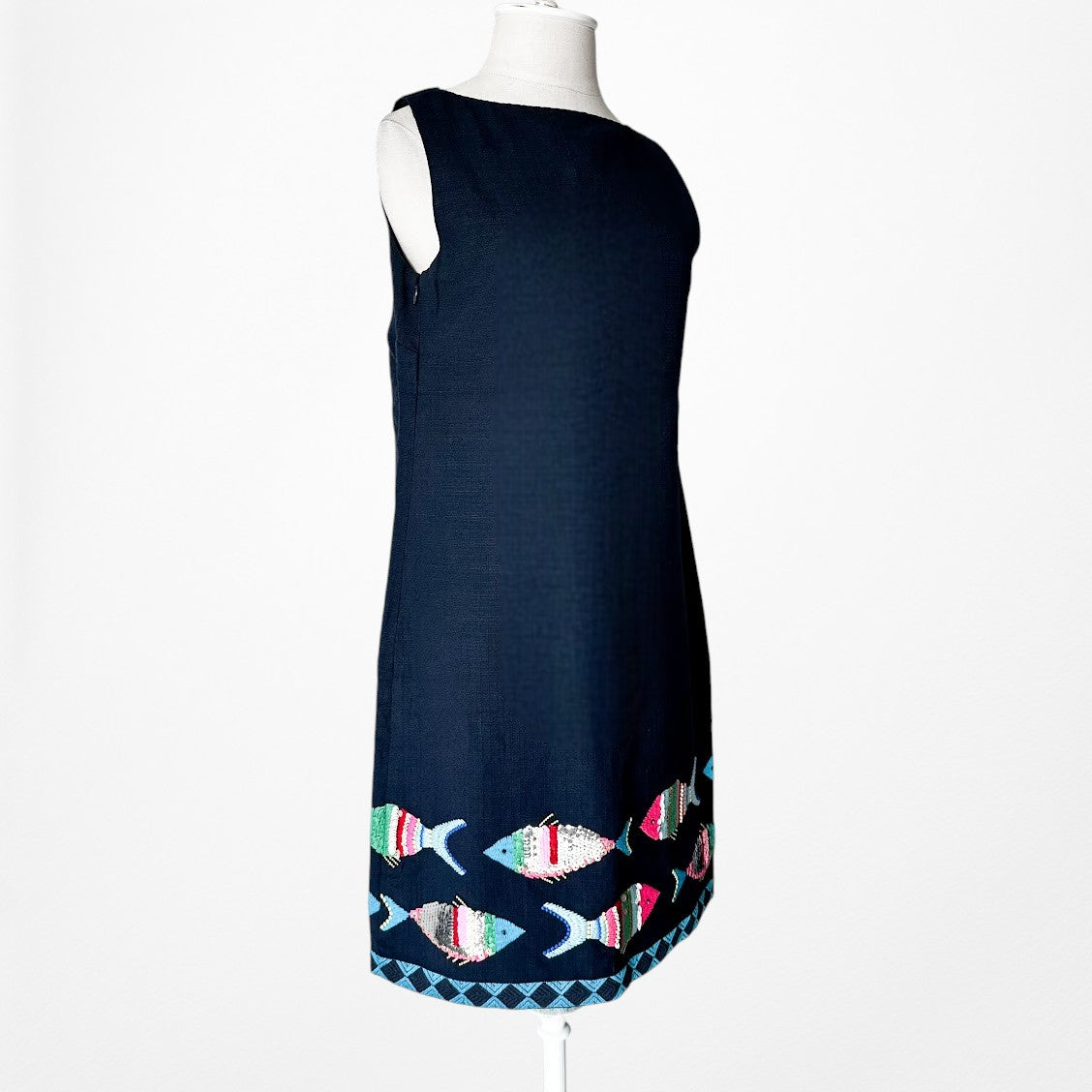 Vintage Y2K Navy Blue Knee Length Tropical Print Casual Shift Dress Size M