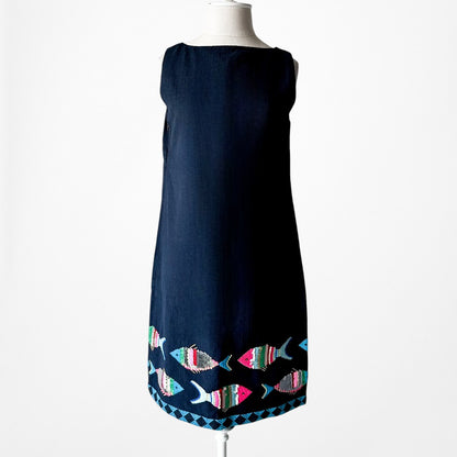 Vintage Y2K Navy Blue Knee Length Tropical Print Casual Shift Dress Size M