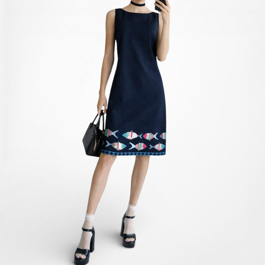 Vintage Y2K Navy Blue Knee Length Tropical Print Casual Shift Dress Size M