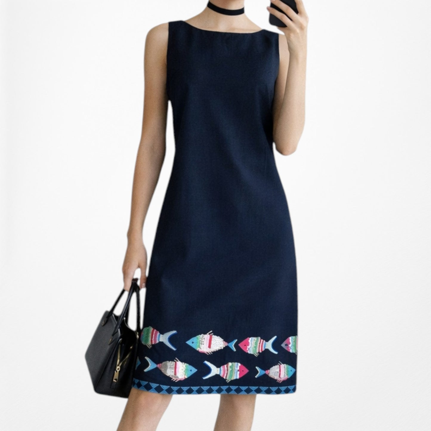 Vintage Y2K Navy Blue Knee Length Tropical Print Casual Shift Dress Size M