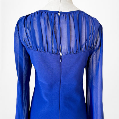 Vintage Y2K Blue Long Puffy Sleeve Pleated Knee Length Shift Dress Size M